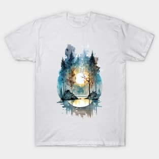 Mountain lake surrounded with trees - 2 T-Shirt